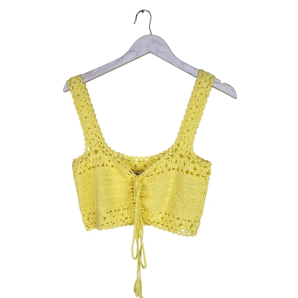 COTTON EMPORIUM Tank Top Womens Large Yellow Crochet Tie Front Crop Summer‎